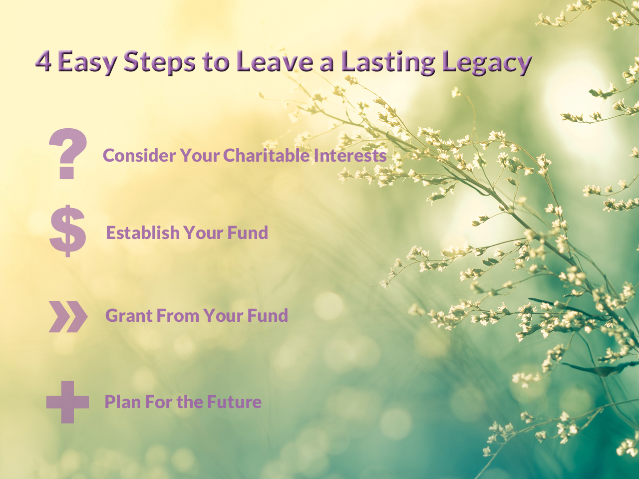 Text reads "Four easy steps to leave a lasting legacy: Consider your charitable interests, establish your fund, grant from your fund, plan for the future"